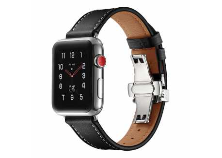 Řemínek pro apple watch 42/44, kůže černý, stříbrná přeska