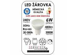 LED žárovka 6W / 43W 240V GU10 480lm 120° 20.000h teplá bílá